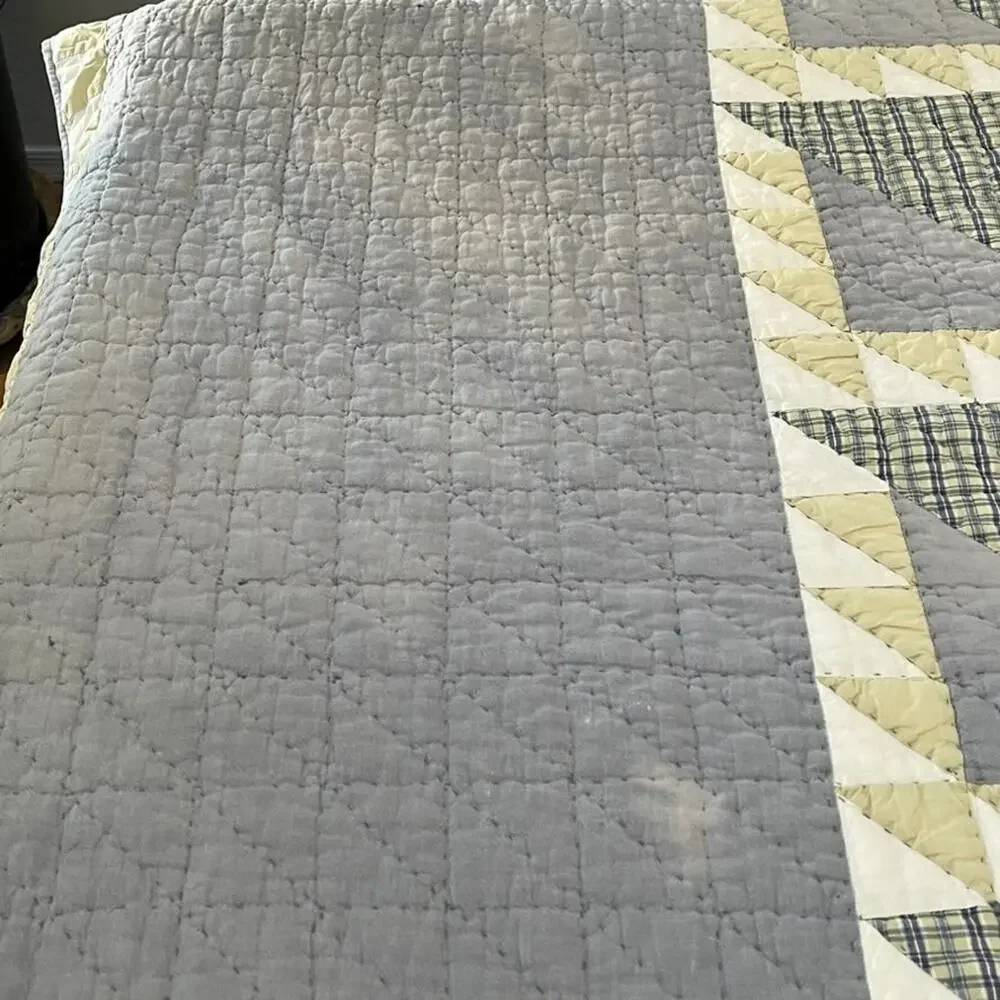 Vtg Smith & Johnson Cotton Patchwork Quilt Queen Gray Green Geometric Reversible